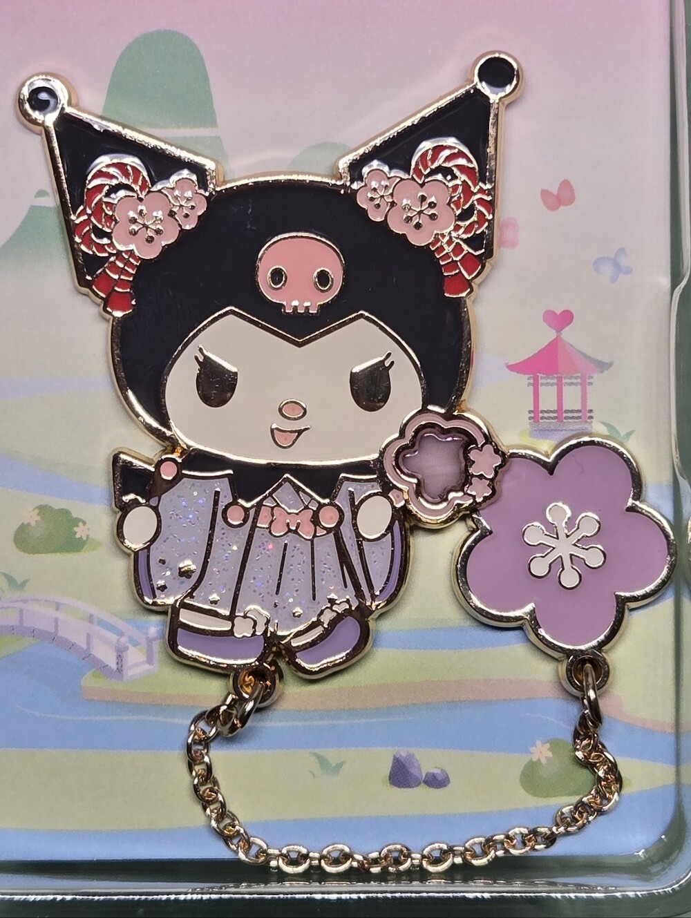 🌸 Sanrio Kuromi Enamel Pin with Flower Charm: Bright Blossom